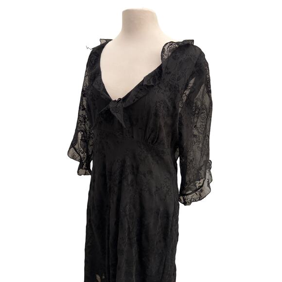 VIntage 90s Whimsigoth Black Midi Dress Sheer Lined Ruffle Fairygrunge Vneck Med - Picture 7 of 9